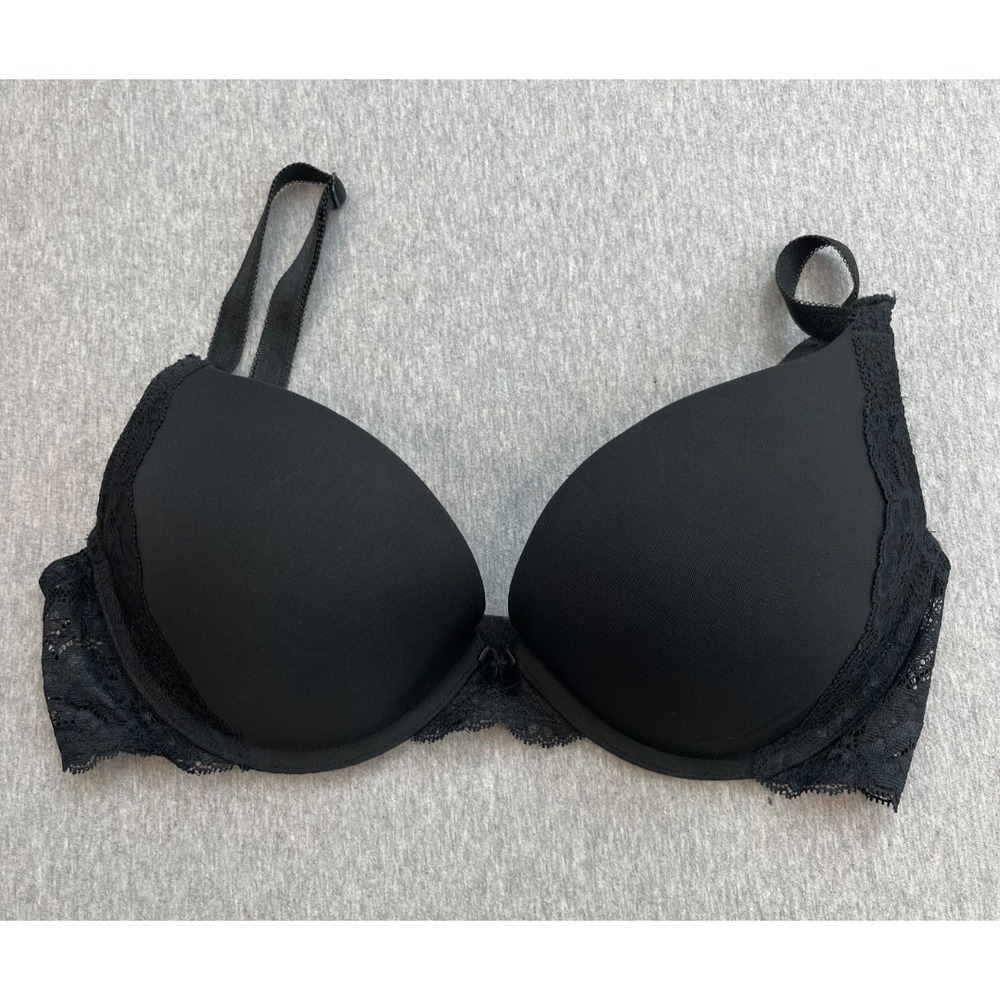 Victorias Secret Bra Womens 34D Black Underwired Push-Up Lace Adjustable Stripes